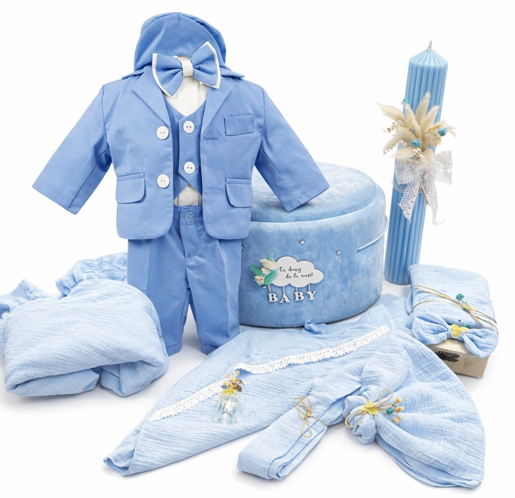 Set botez muselina băiat albastru