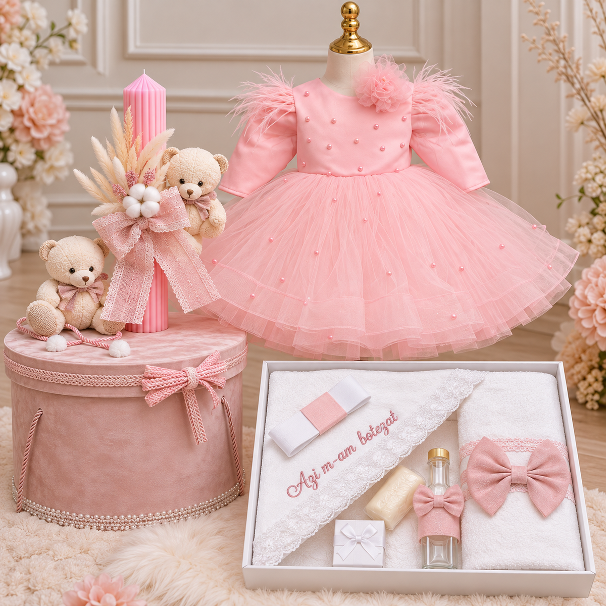 Set botez fetita roz cu ursuleț - Trusou+ lumânare+ rochita