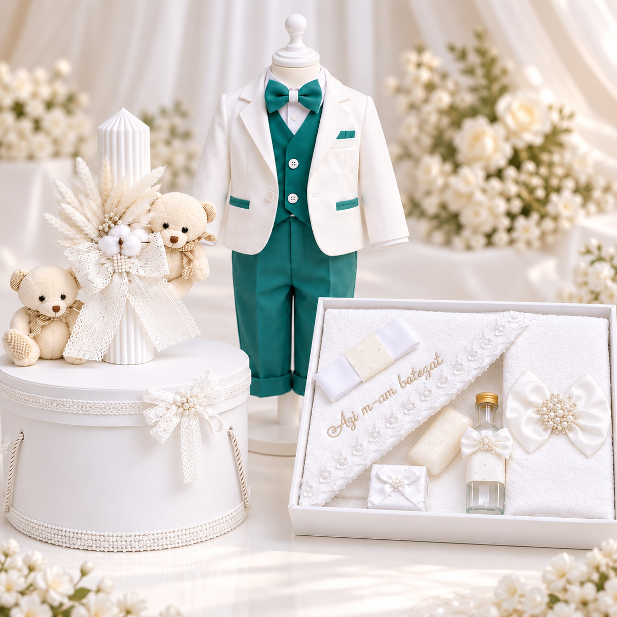 Set botez băiețel ursuleț menta (Trusou+ lumânare+ Costum)