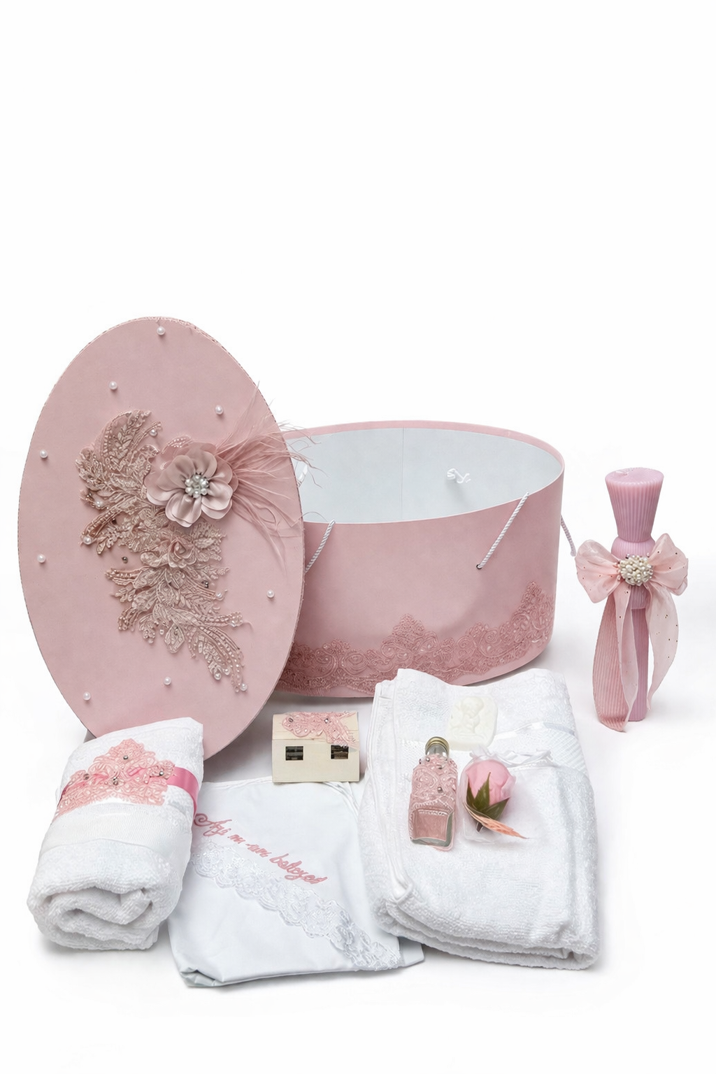 Trusou roz pudra cu dantela si lfloare + lumnare clepsidra
