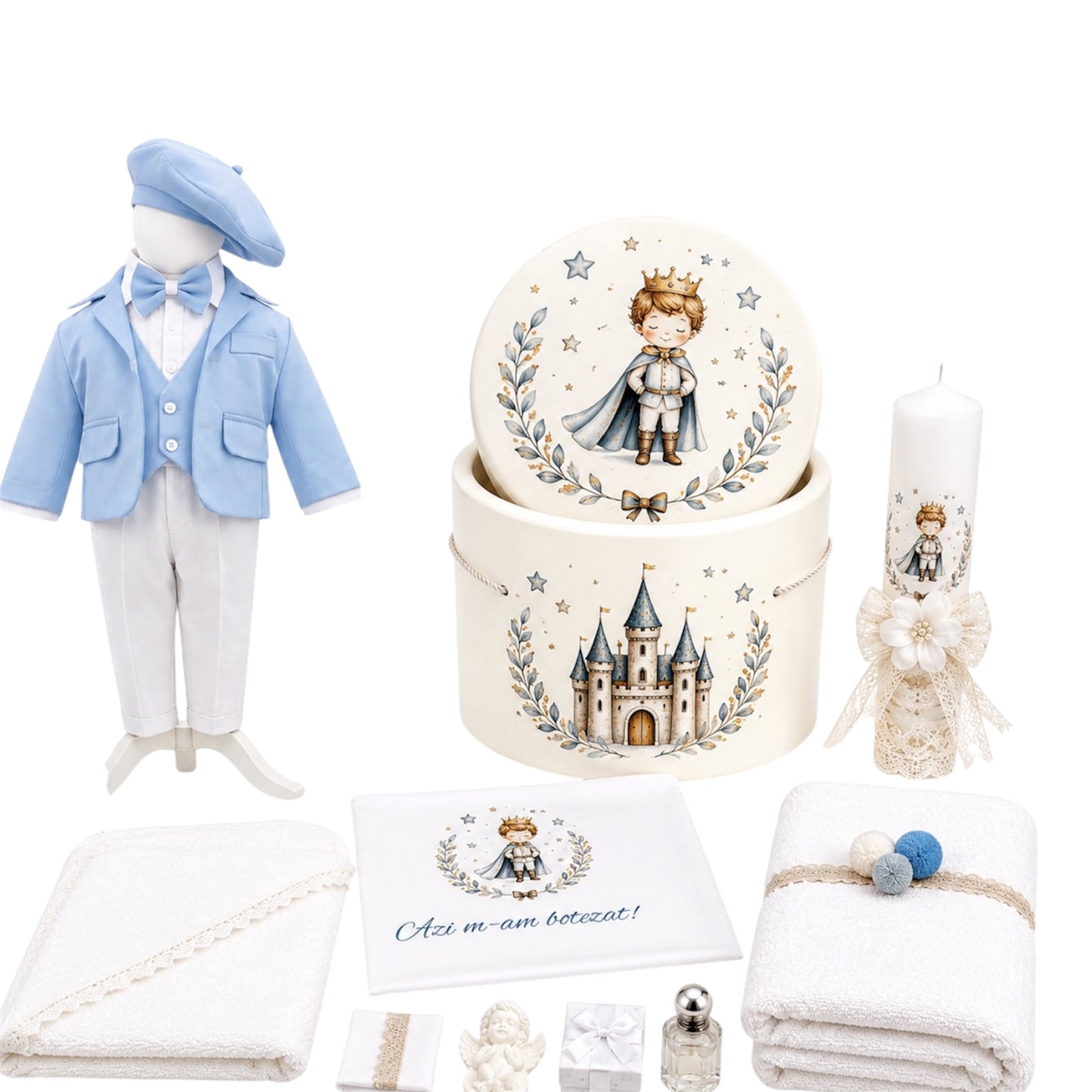 Set botez micul print baby blue cu alb