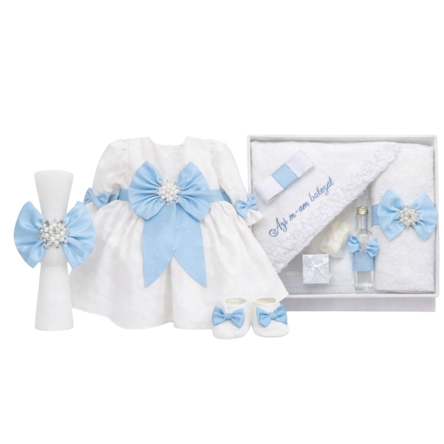 Set botez fetita cu rochie albastra