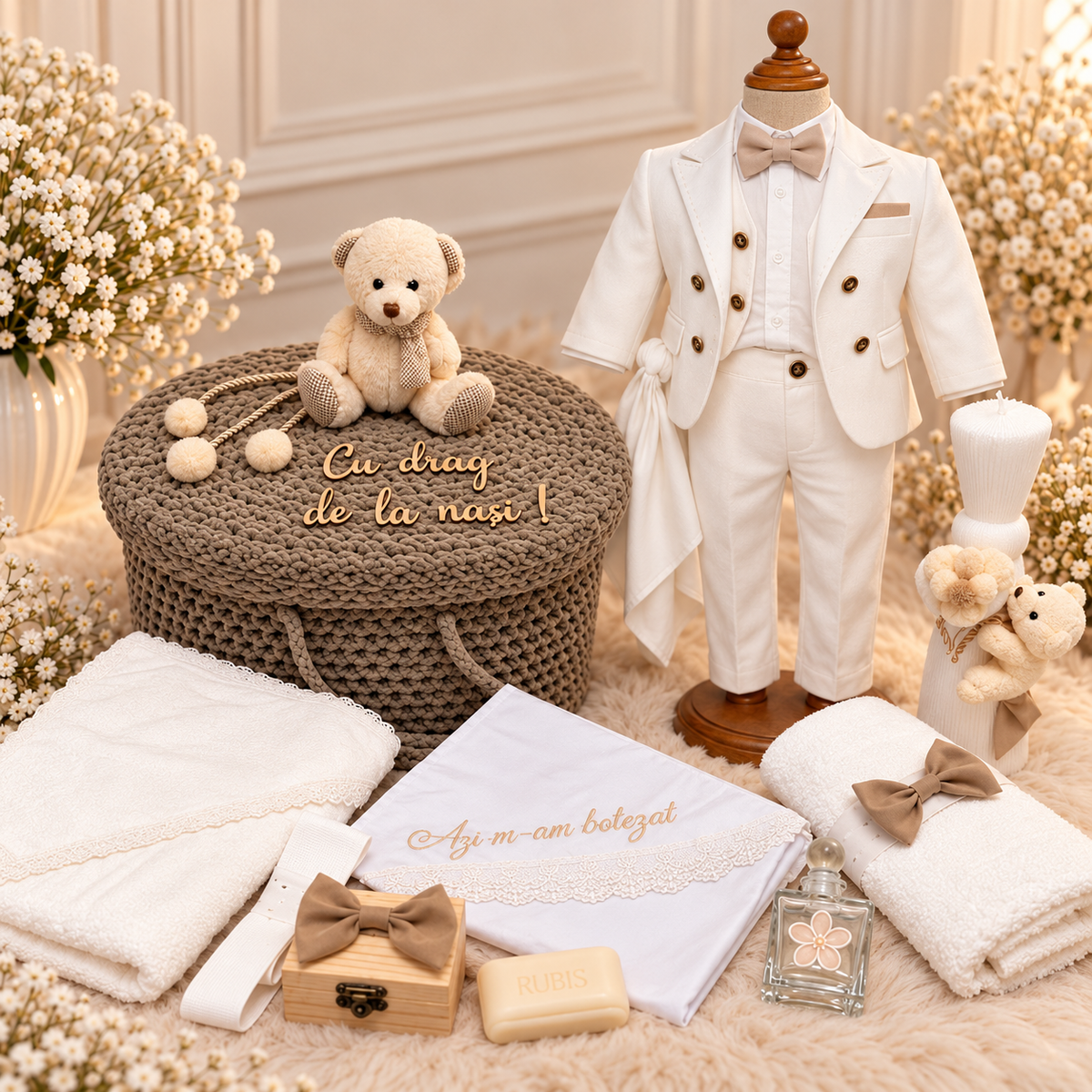 Set botez băiețel nuanțe de maro cu alb ursuleț ( Trusou+ lumânare+ Costum)