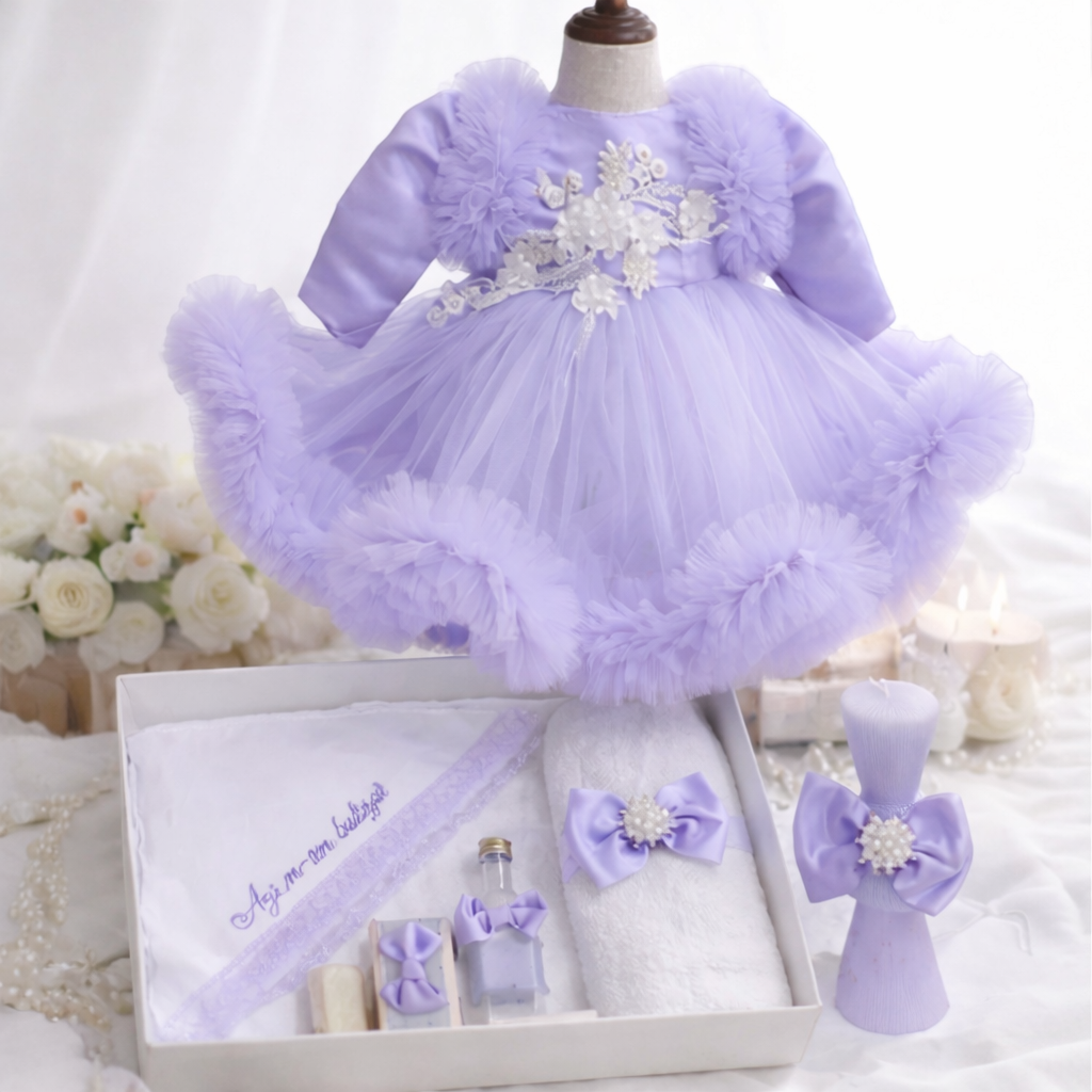 Set botez fetita mov cu flori