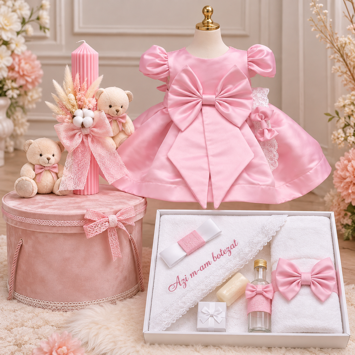 Set botez fetita roz cu ursuleț - Trusou+ lumânare+ rochita