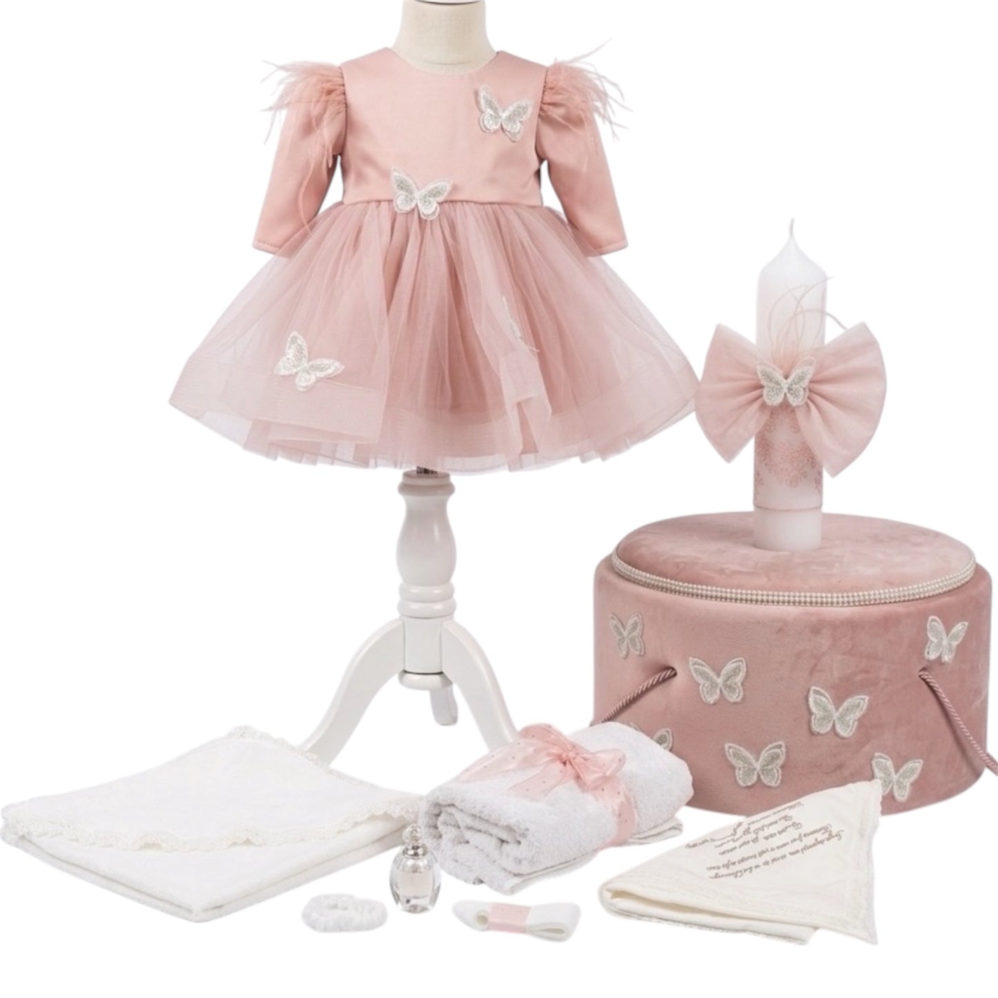 Set botez fetita roz pudra cu fluturi