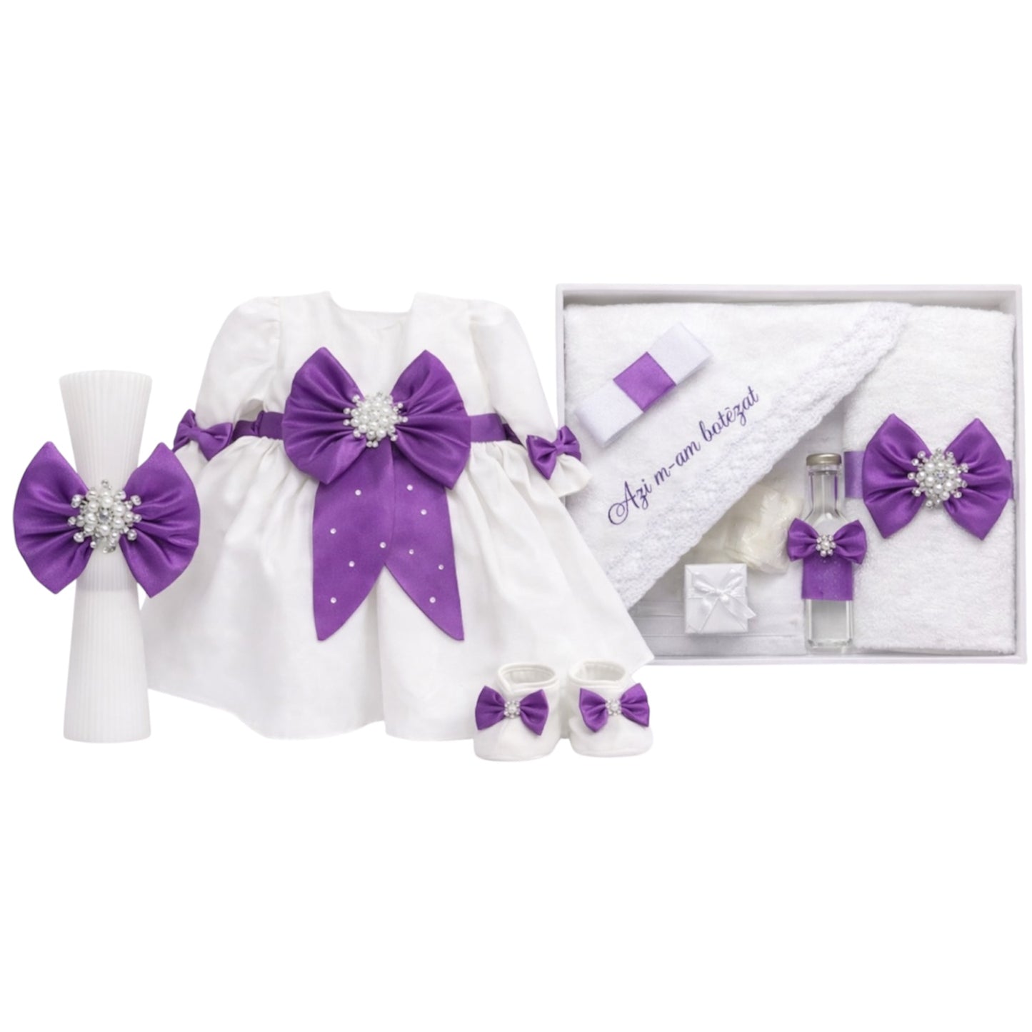 Set botez fetita cu rochie mov