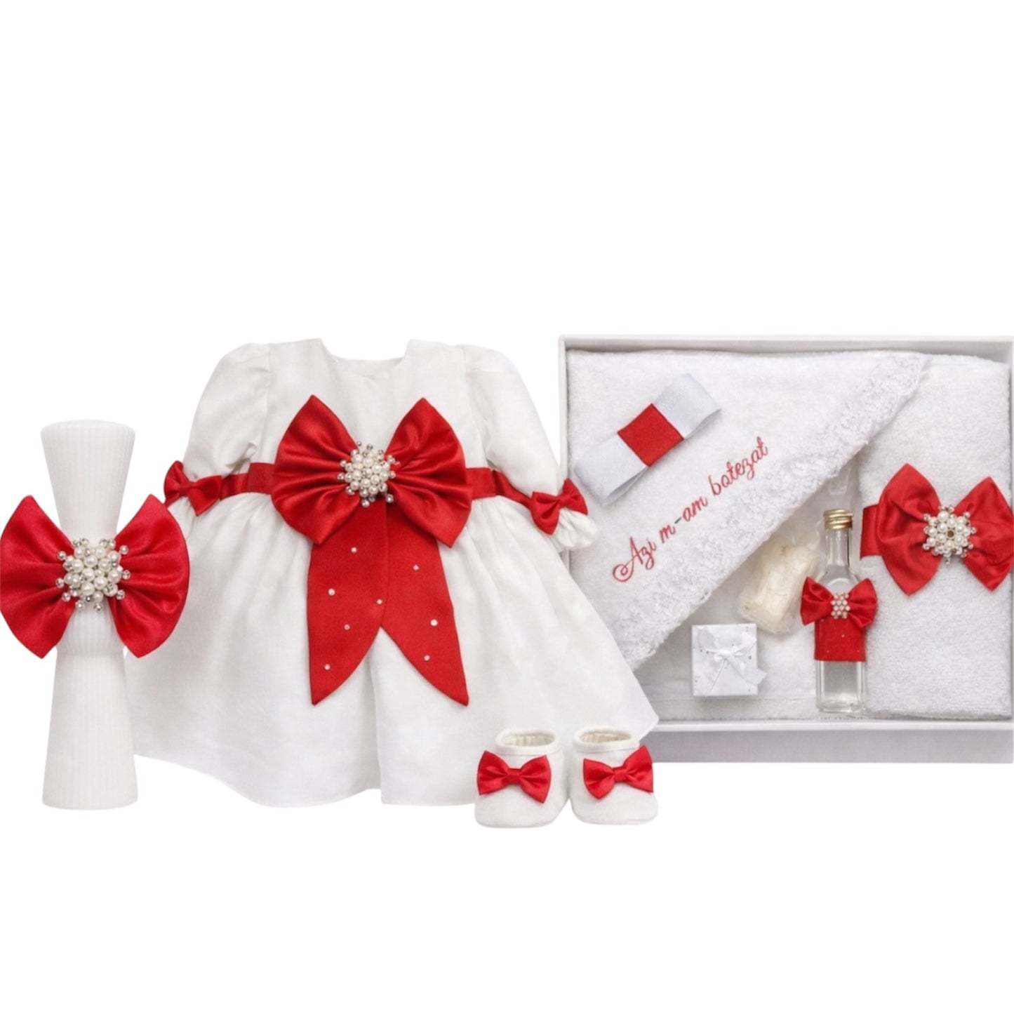 Set botez fetita cu rochie rosie