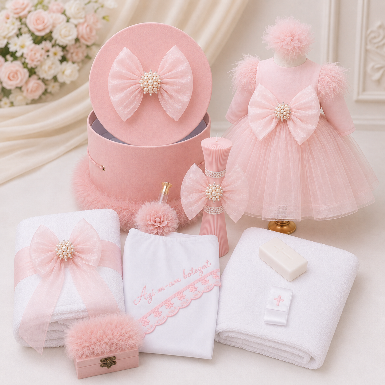 Set botez fetita roz cu funda tulle-Trusou+ lumânare+ rochita