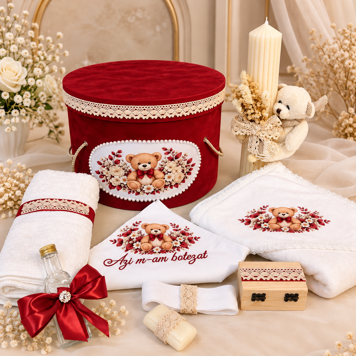 Trusou botez rosu ursuleț ( trusou + lumânare+ cutie catifea )
