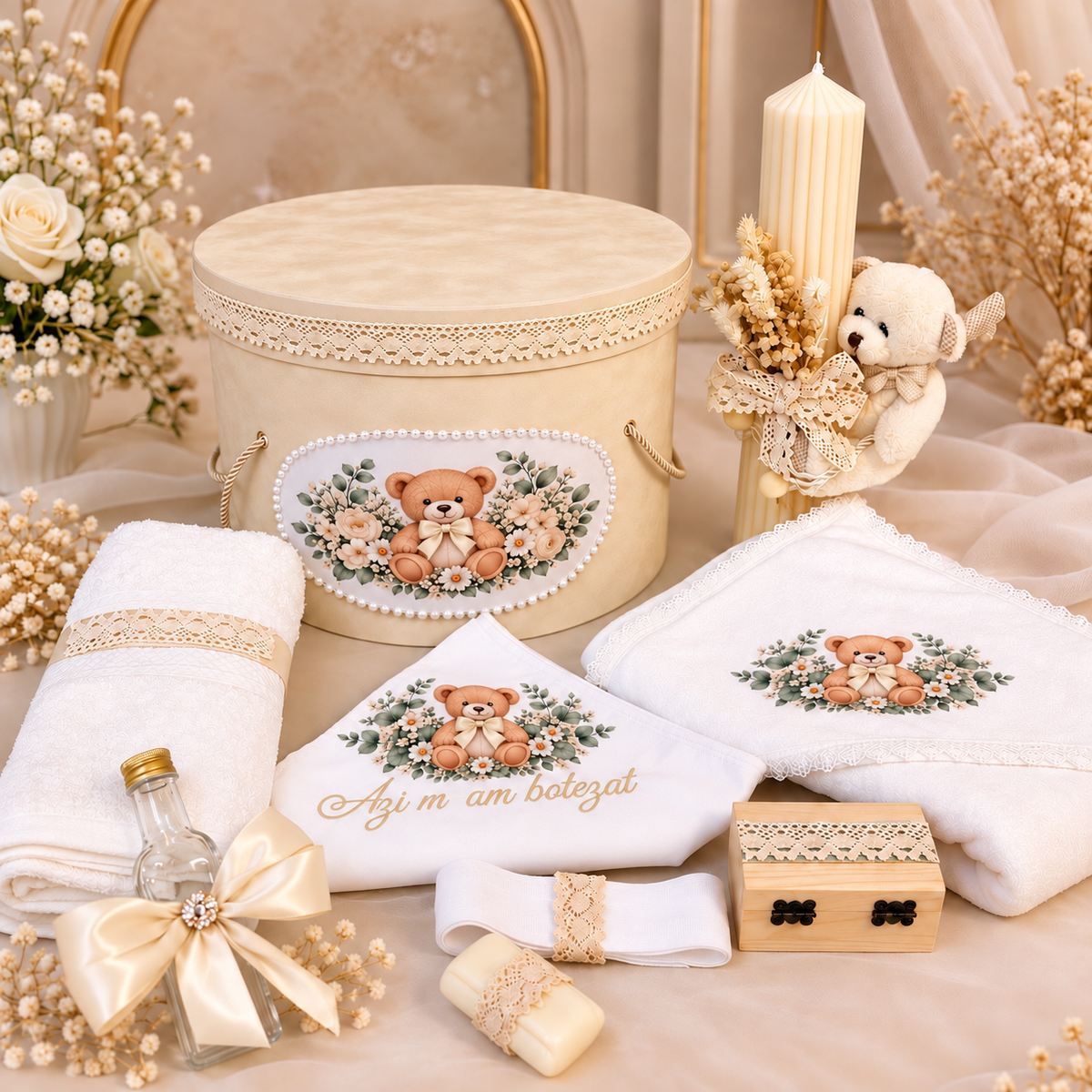 Trusou botez crem ursuleț ( trusou + lumânare+ cutie catifea )