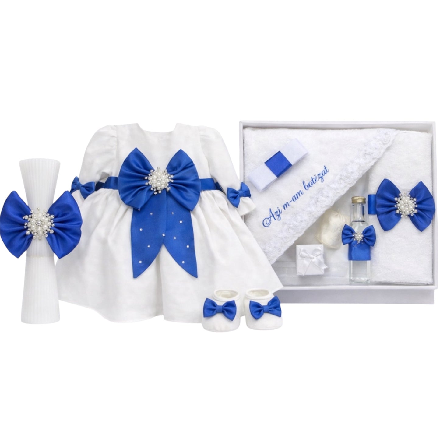 Set botez fetita cu rochie albastru inchis