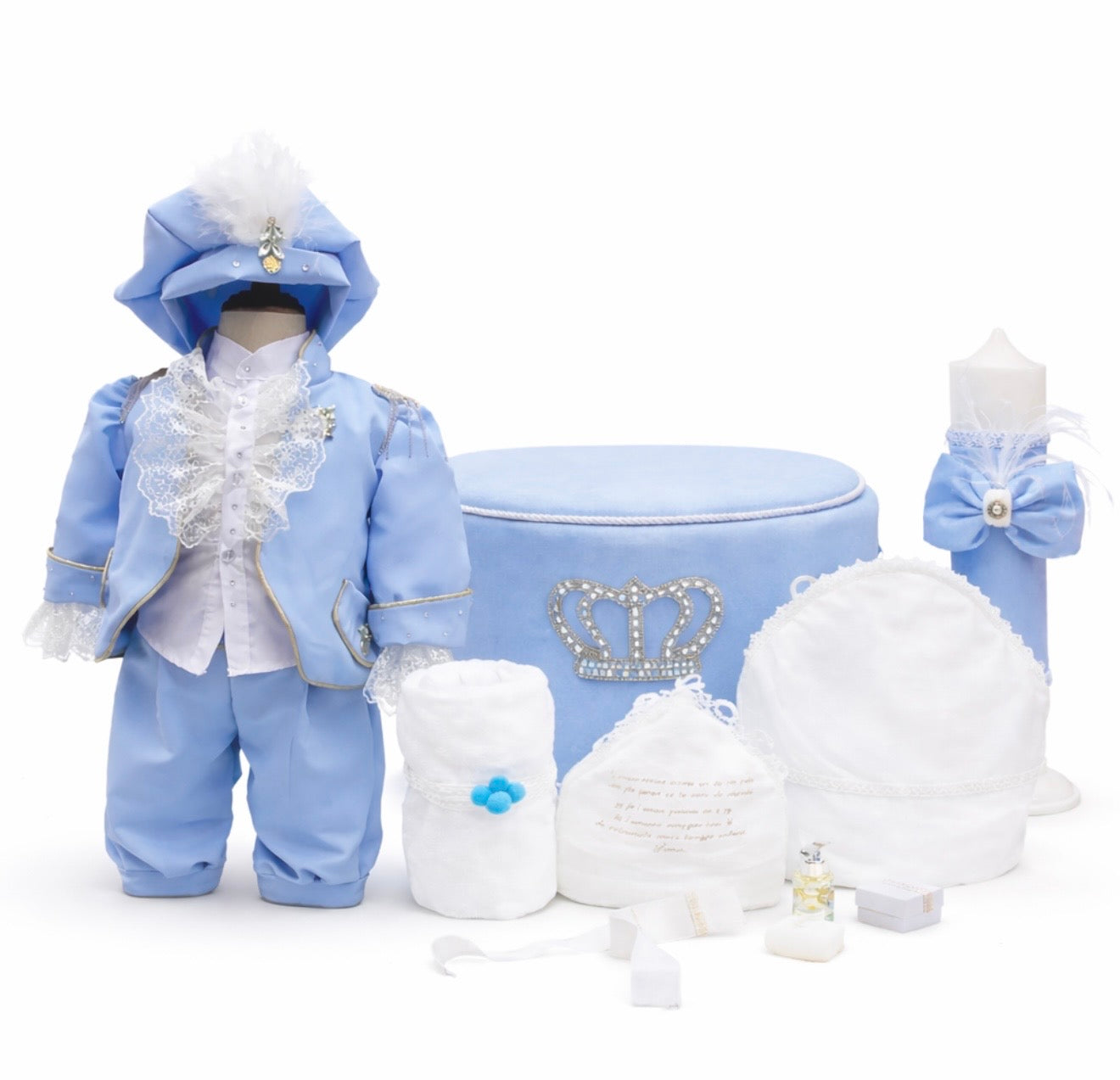 Set de botez „Micul Prinț” în nuanțe de albastru, accesorizat cu pietre elegante