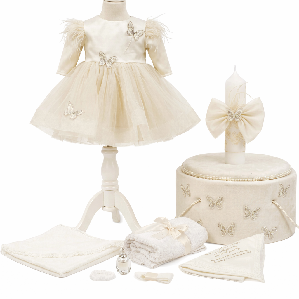 Set botez fetita crem cu fluturi