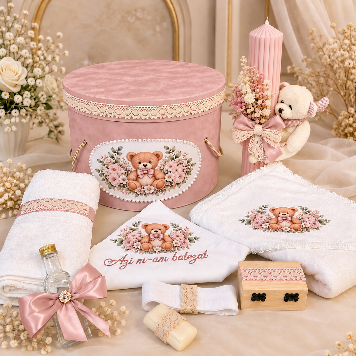 Set botez roz pudra ursuleț ( trusou + lumânare+ cutie catifea )