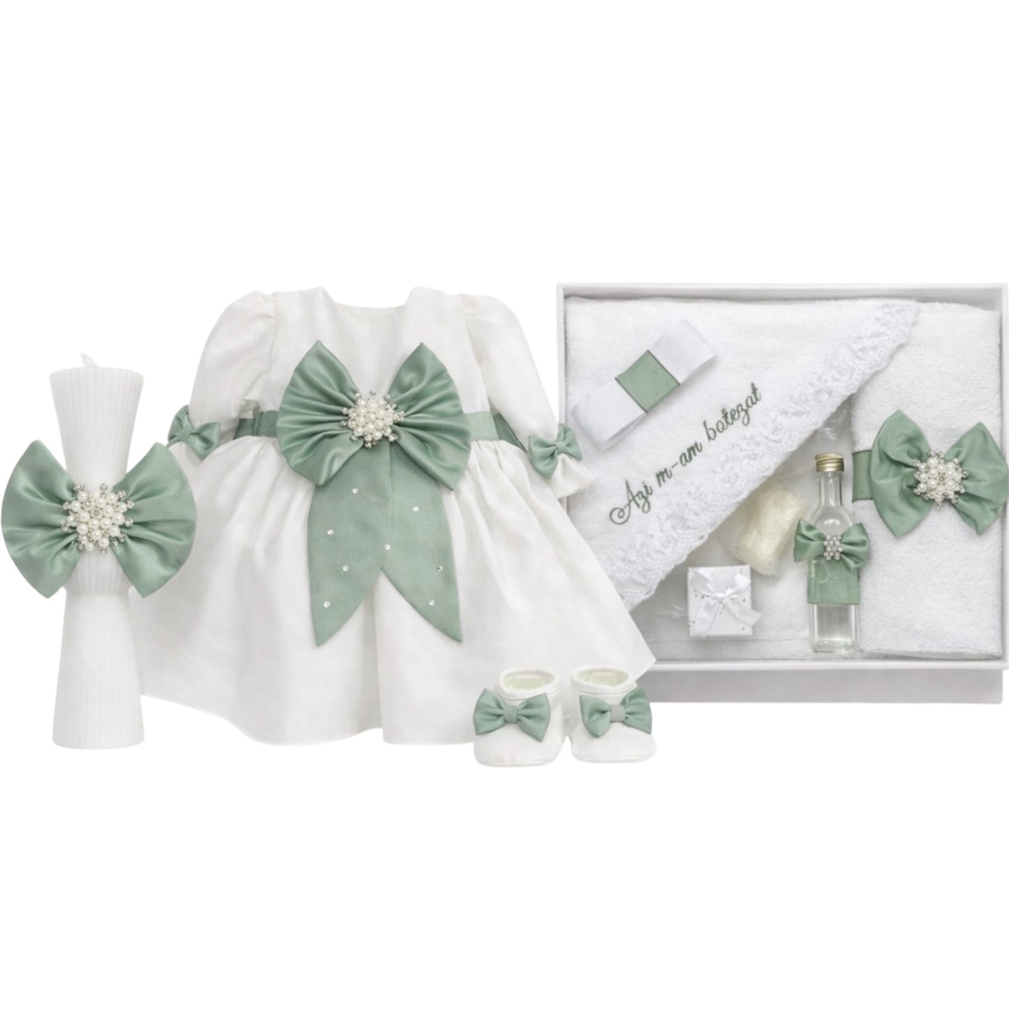 Set botez fetita cu rochie fistic
