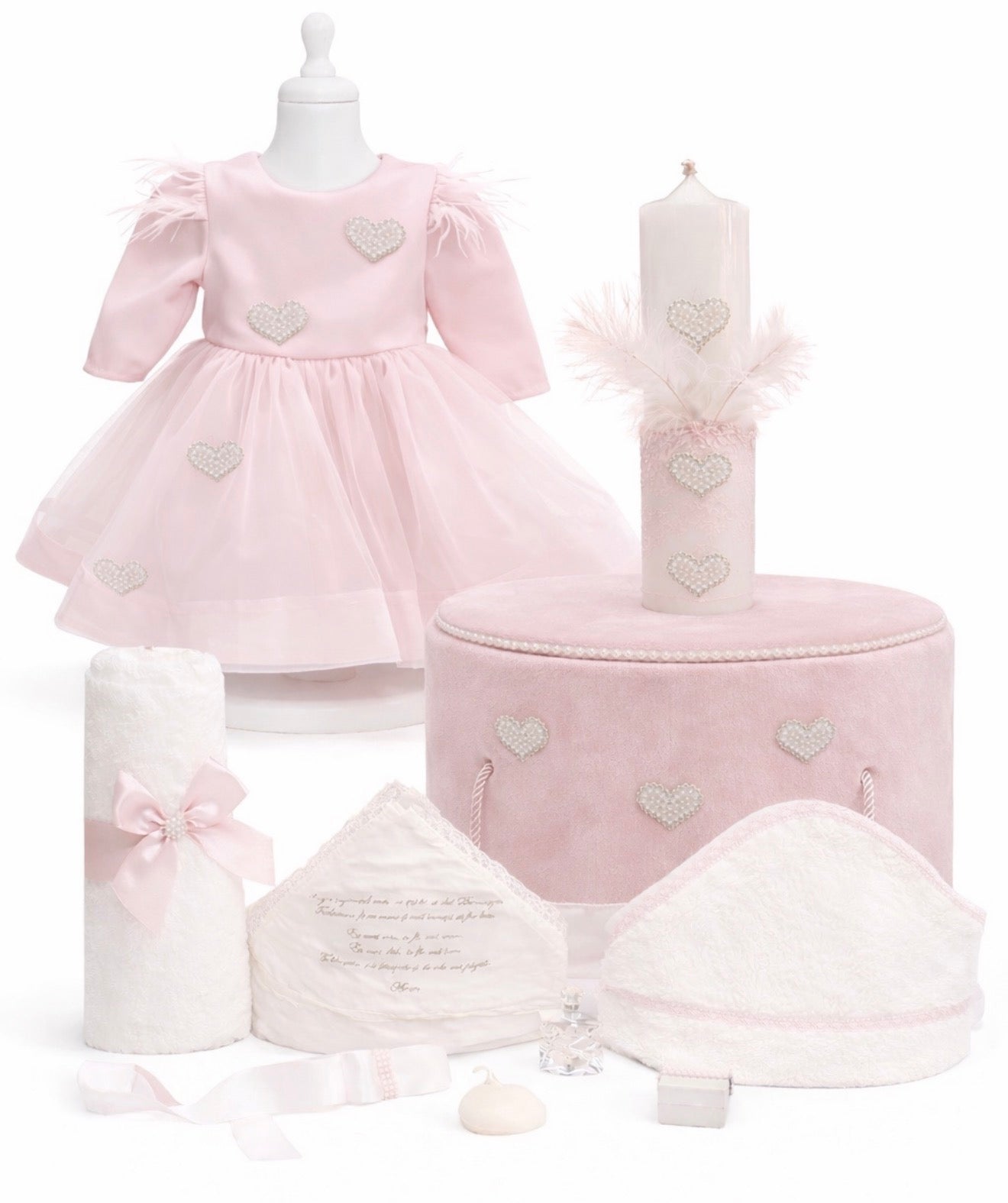 Set botez fetita roz pudra cu inimioare