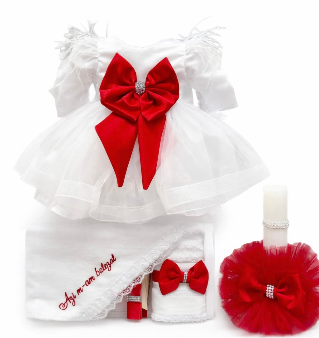 Set botez fetita alb cu rosu