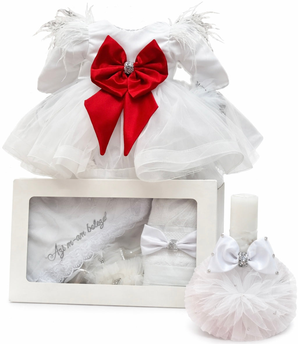 Set botez fetita alb cu funda rosie