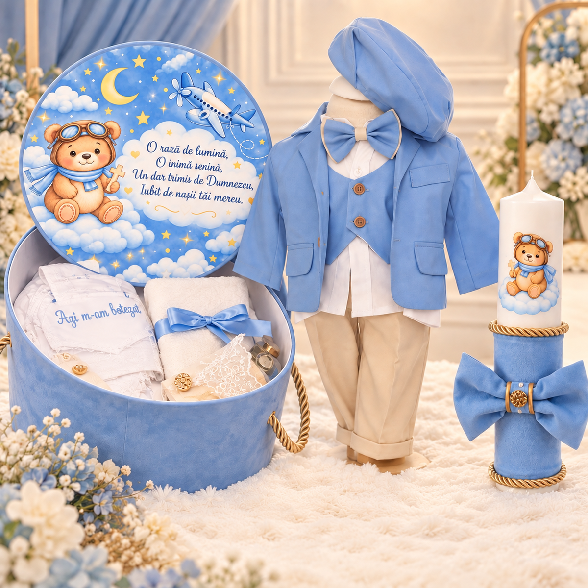 Set botez băiețel baby blue urs( Trusou+ lumânare+ Costum)