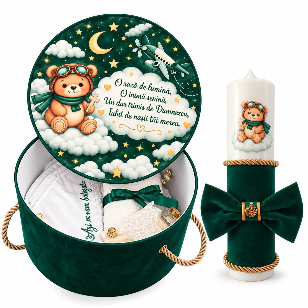 Set botez verde ursuleț cu norișori