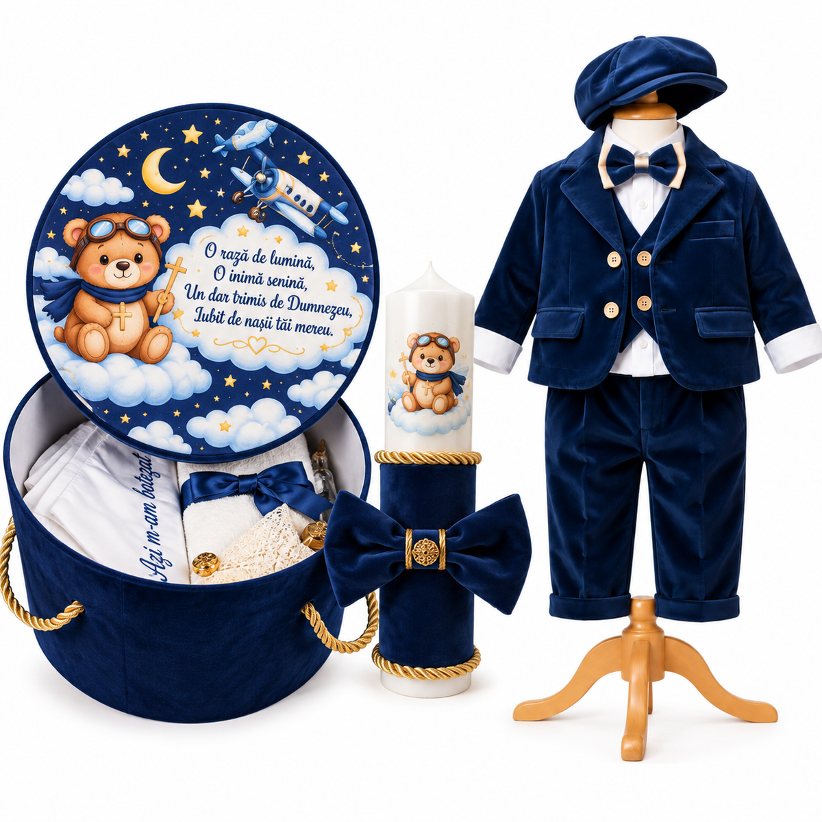 Set botez băiețel bleumarin ursuleț cu norisori( Trusou+ lumânare+ Costum din catifea)