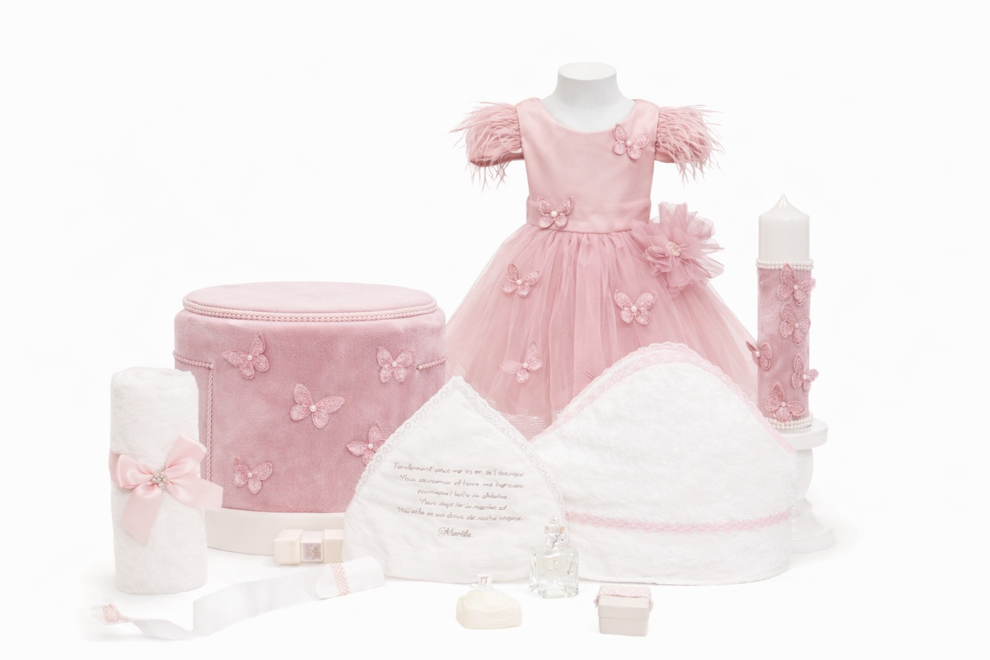 Set botez fetita roz pudra cu fluturi