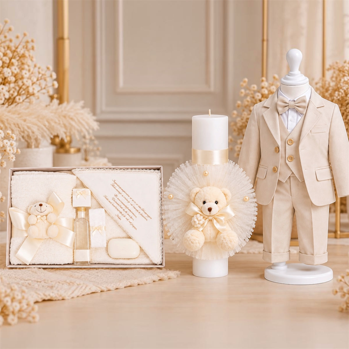 Set botez băiețel crem cu ivoir ursuleț ( Trusou+ lumânare+ Costum)