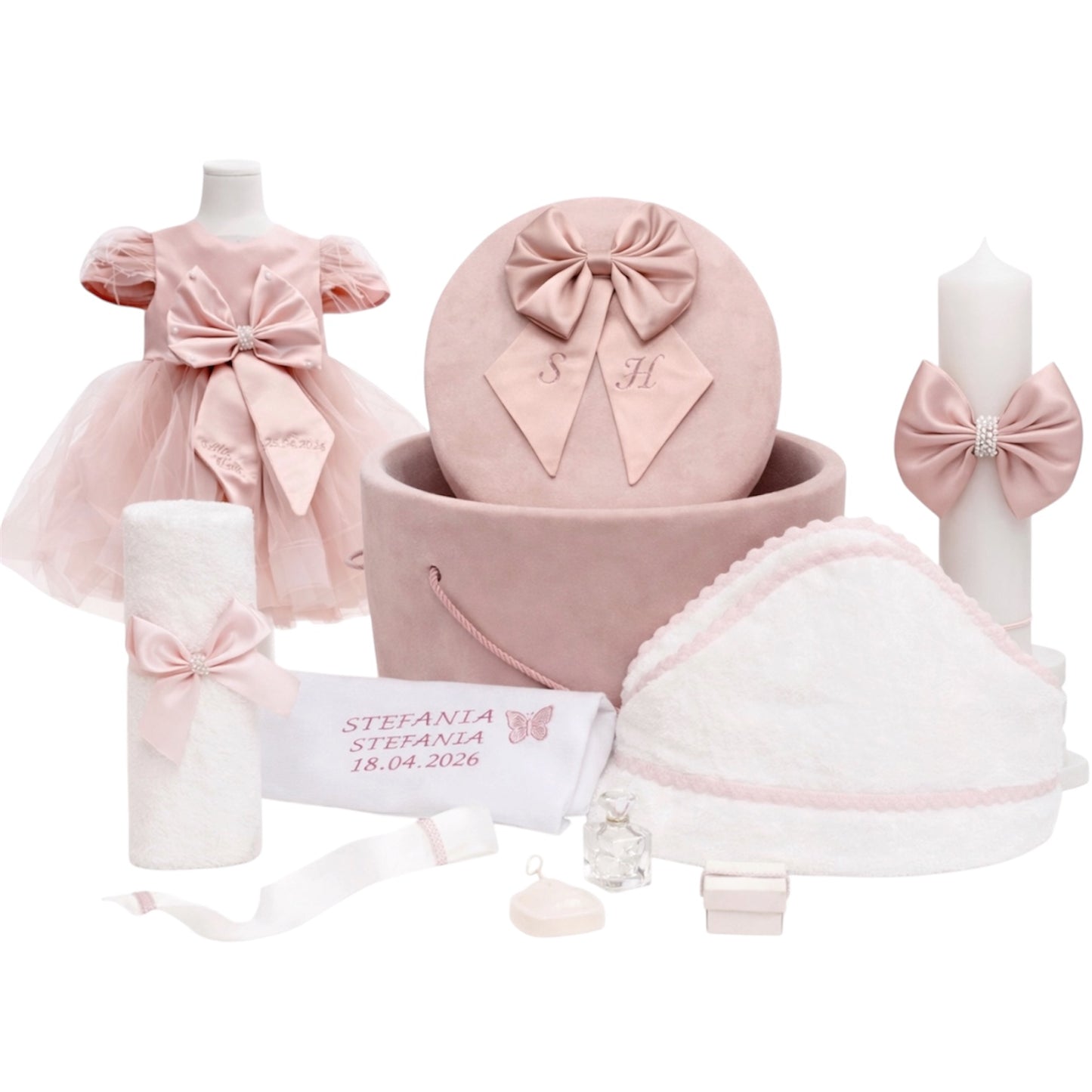 Set botez fata cu funda roz pudra