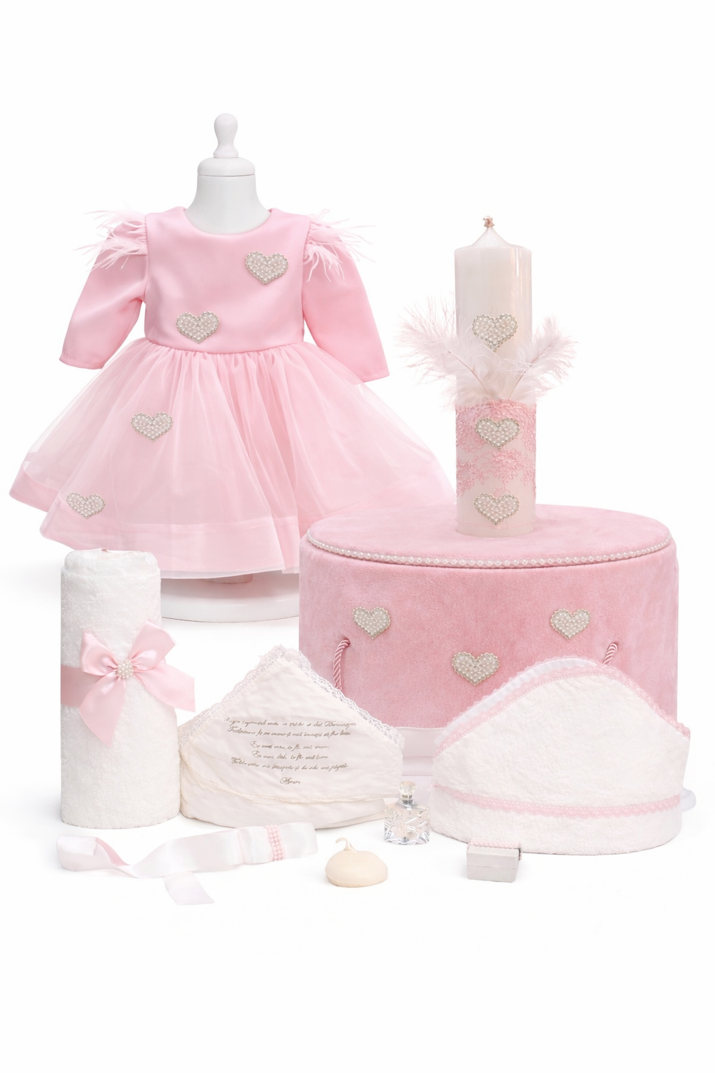 Set botez fetita roz cu inimioare