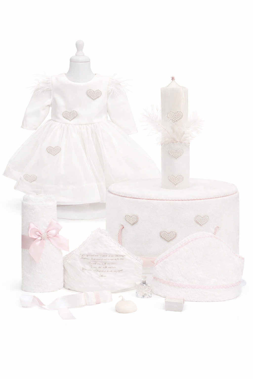 Set botez fetita alb cu inimioare