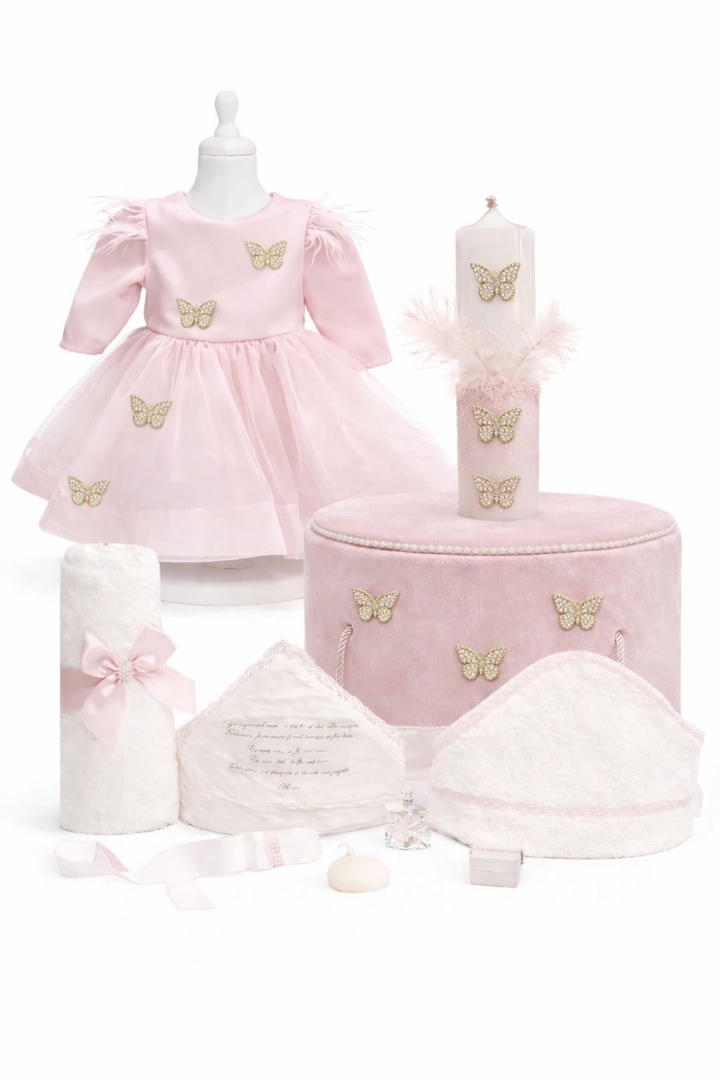 Set botez fata roz pudra cu fluturas