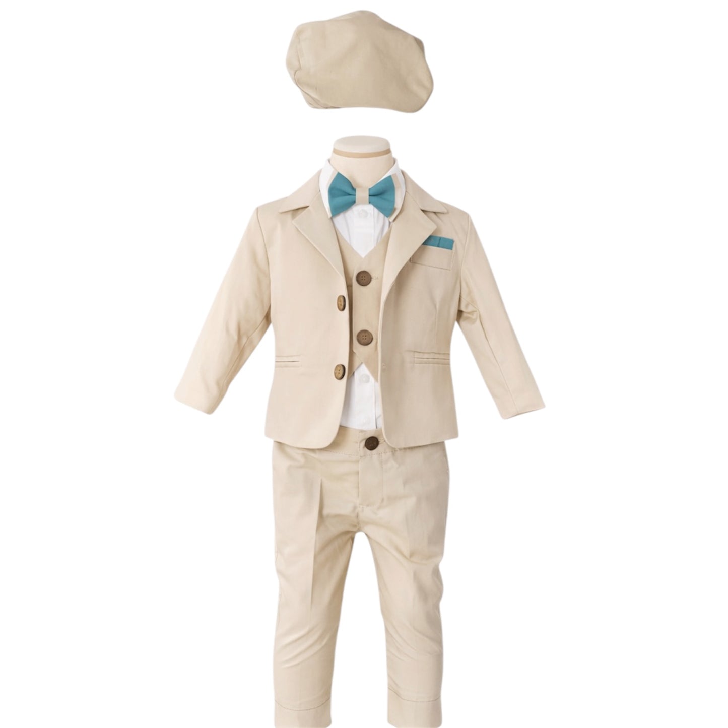 Costum crem cu papion turcoaz