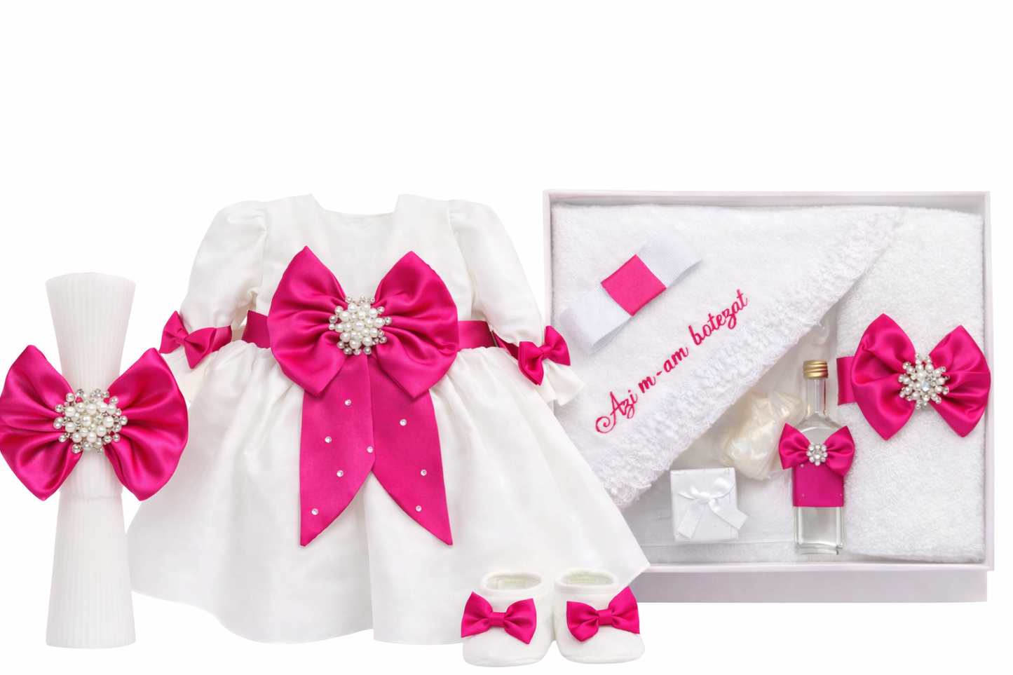 Set botez fetita cu rochie fuxia