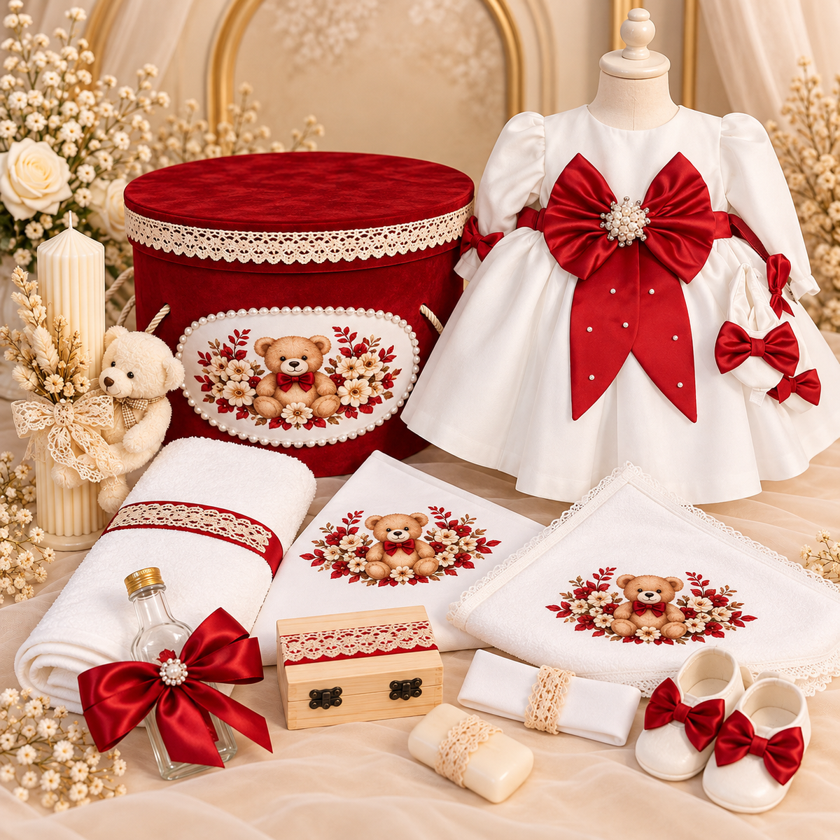 Set botez fetita rosu cu ursuleț - Trusou+ lumânare+ rochita + botosei