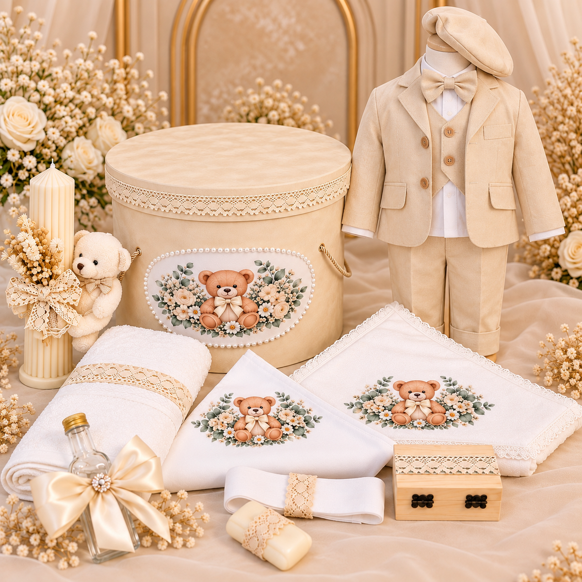 Set botez băiețel ursuleț crem (Trusou+ lumânare+ Costum)
