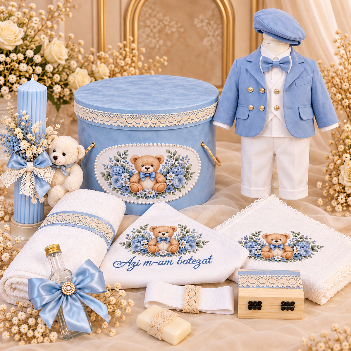 Set botez băiețel ursuleț albastru (Trusou+ lumânare+ Costum)