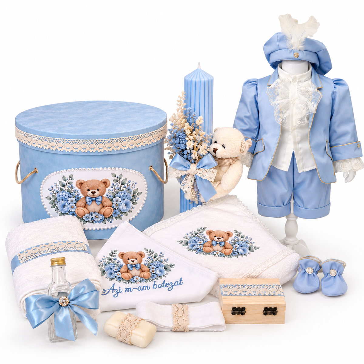 Set botez băiețel ursuleț baby blue (Trusou+ lumânare+ Costum+ botoși)