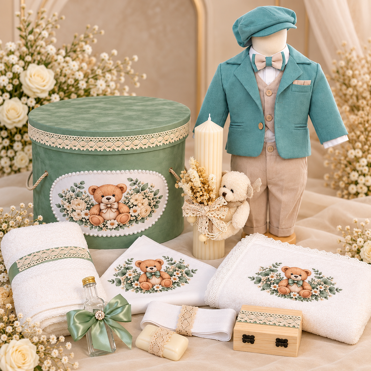 Set botez băiețel ursuleț menta (Trusou+ lumânare+ Costum)