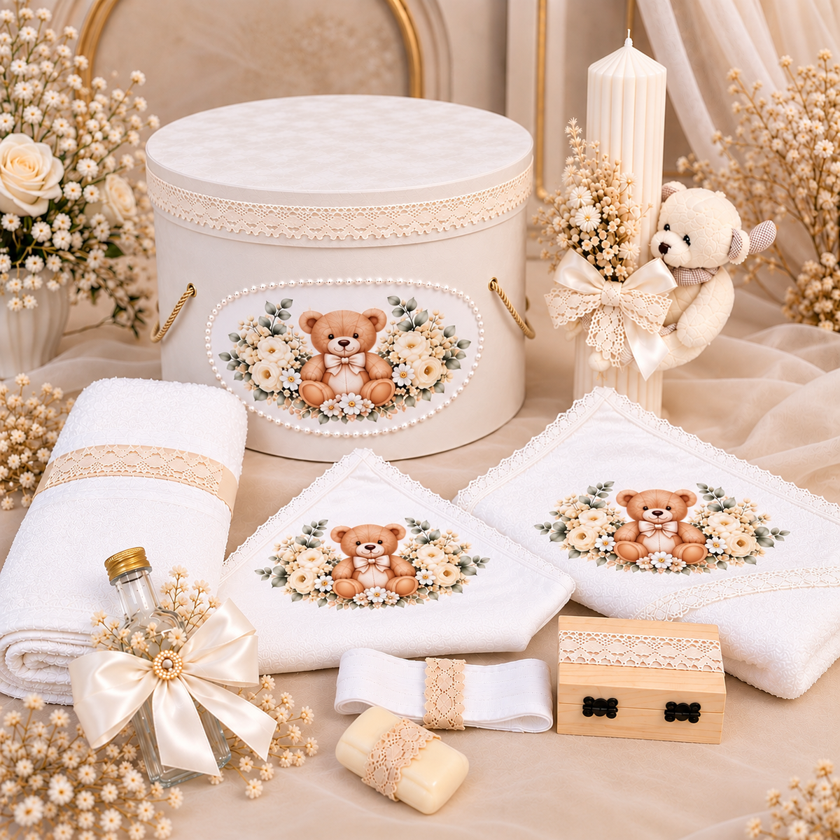 Trusou botez alb ursuleț ( trusou + lumânare+ cutie catifea )