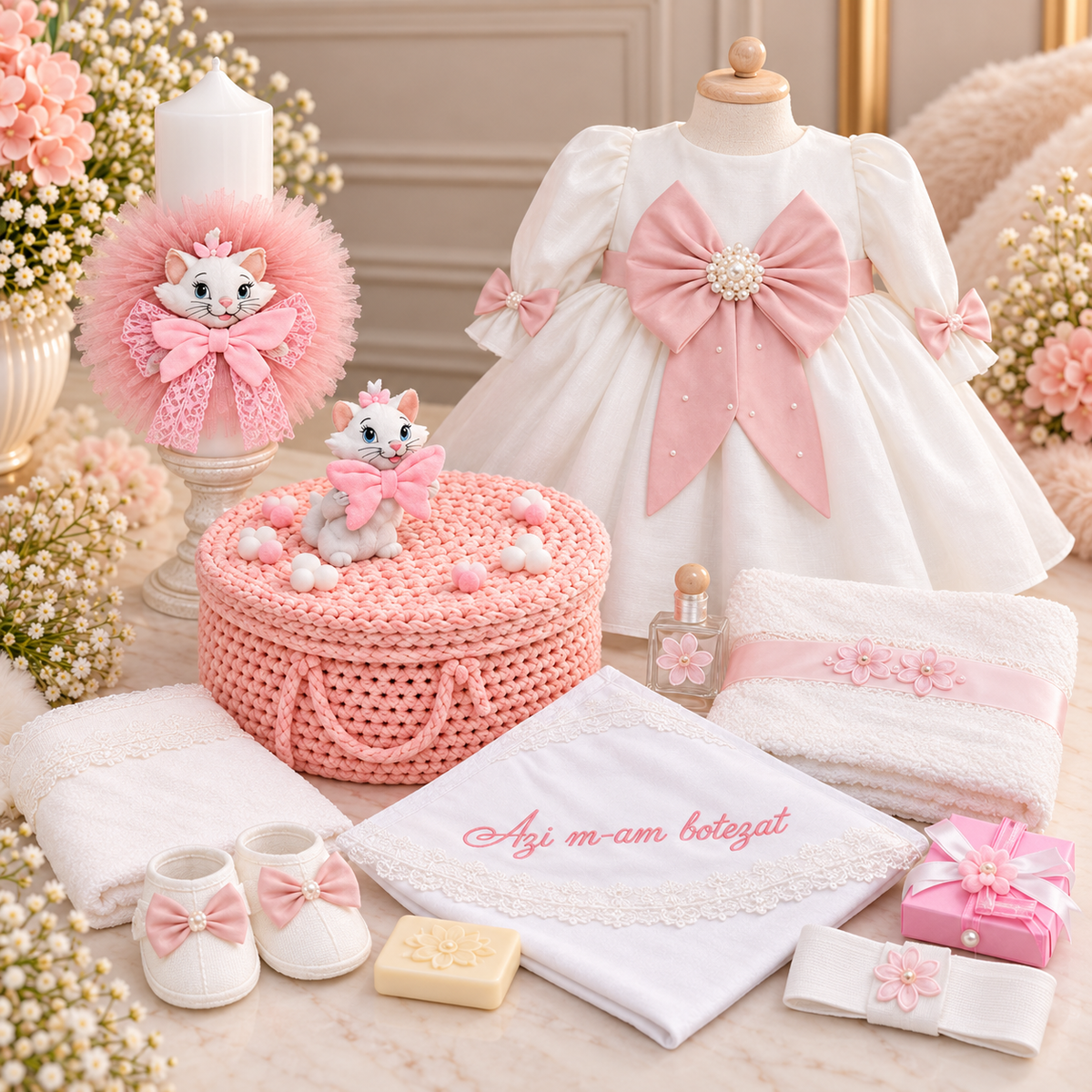Set botez fetita pisica Marie - Trusou+ lumânare+ rochița