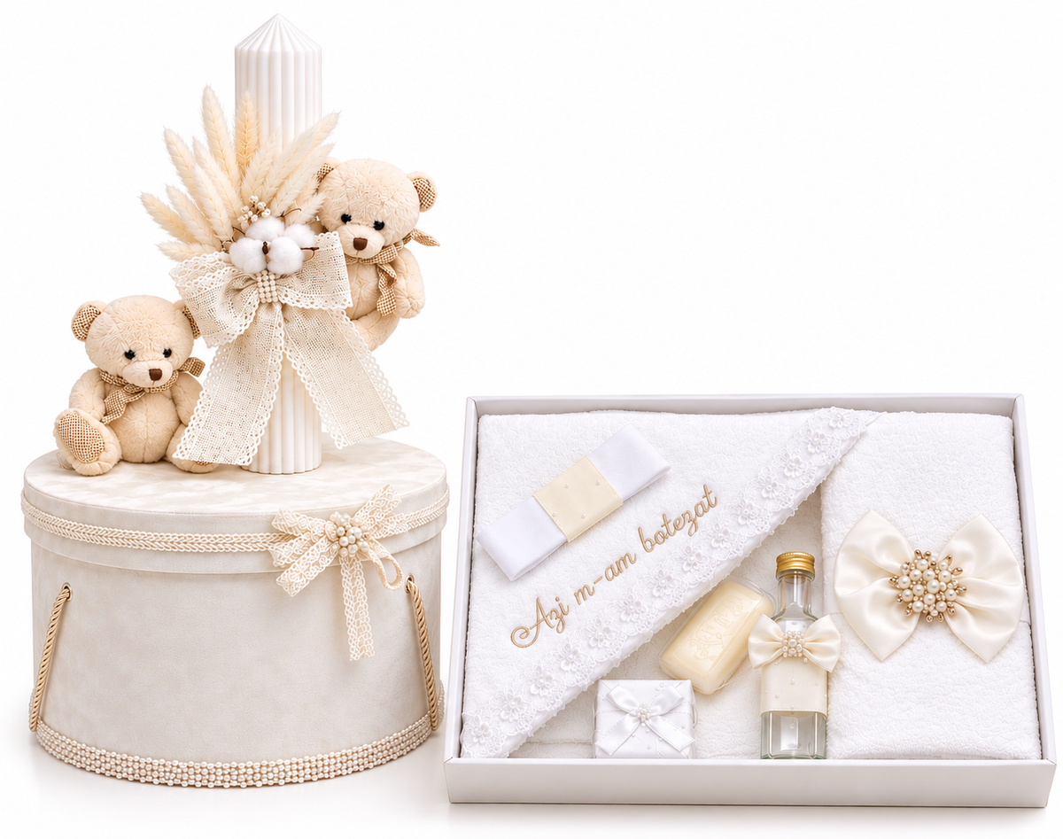 Set botez alb ursulet (trusou + cutie + lumânare)