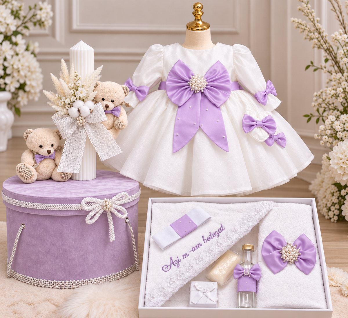 Set botez fetita mov cu ursuleț - Trusou+ lumânare+ rochita