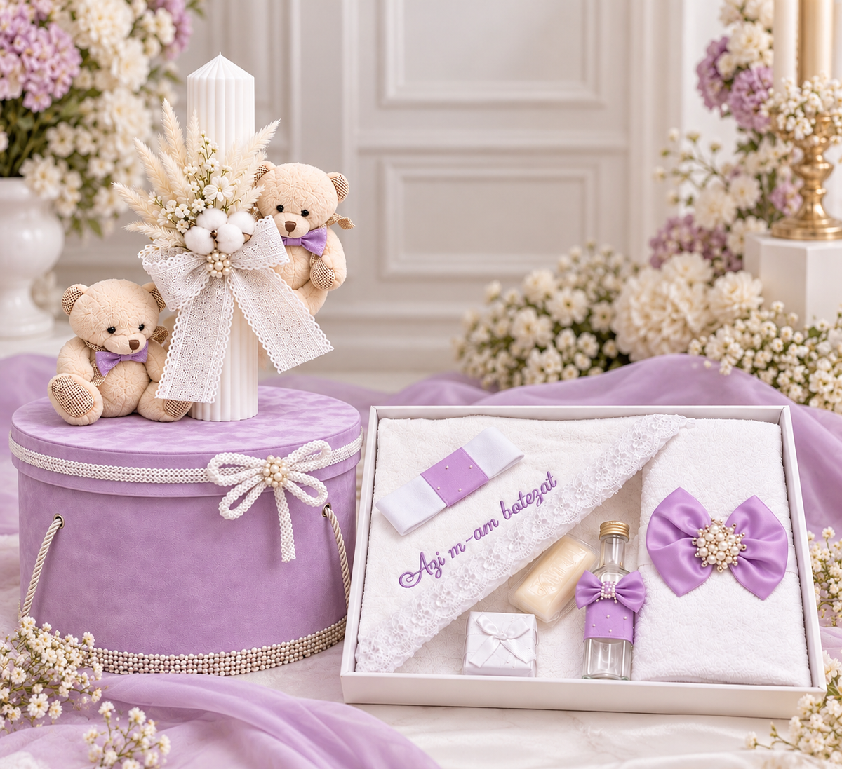 Set botez mov ursulet (trusou + cutie + lumânare)