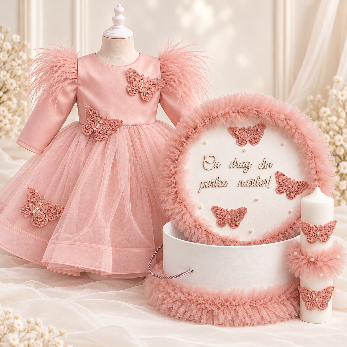 Set botez fetita roz pudra - Trusou+ lumânare+ rochița