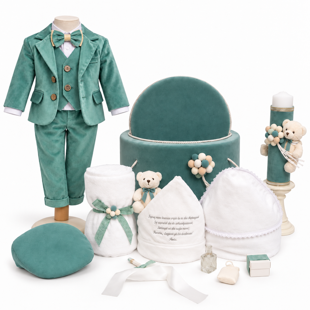 Set botez băiețel fistic cu crem ursuleț ( Costum din catifea, Trusou,Lumânare)