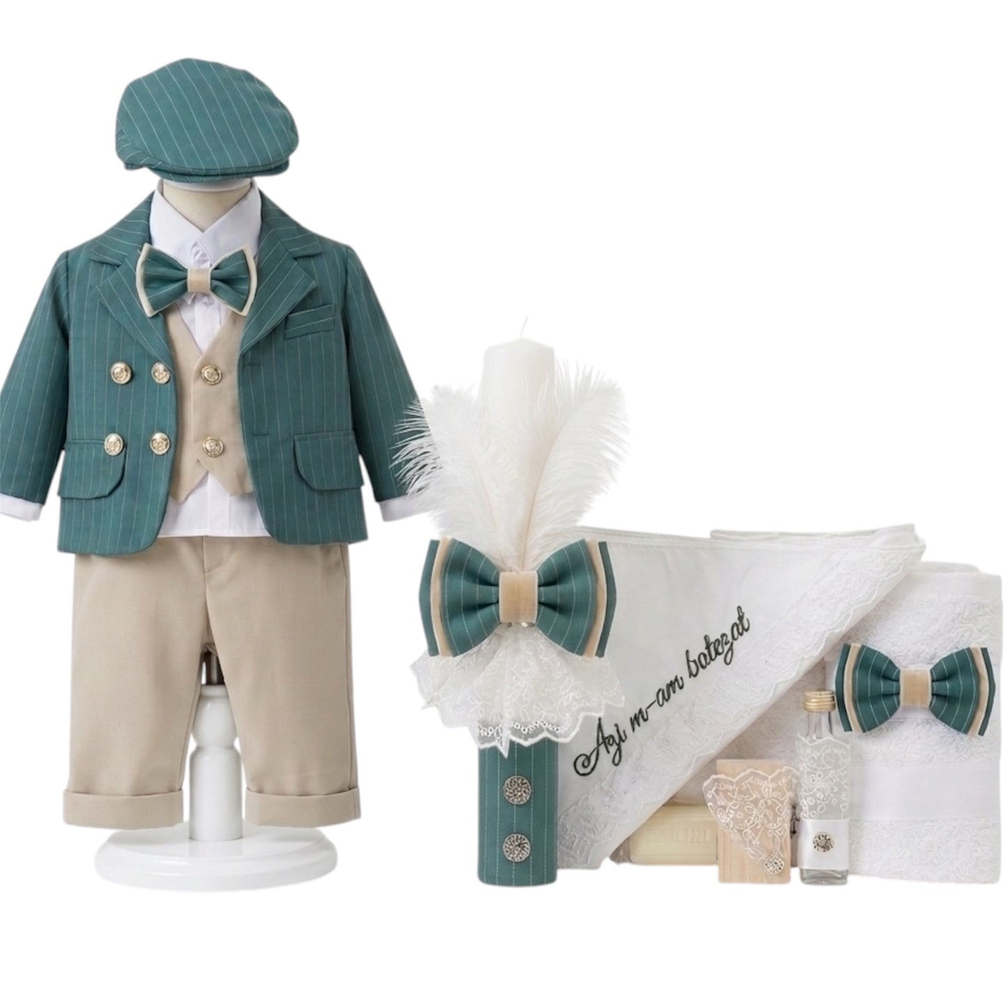 Set botez baiat verde cu crem