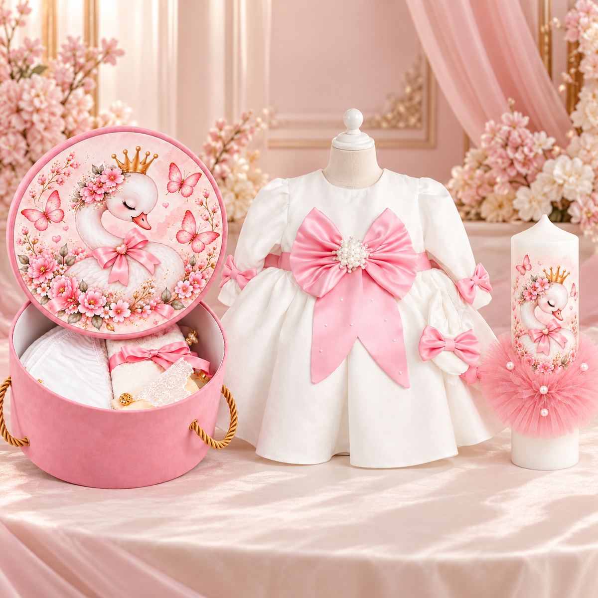 Set botez fetita lebada - Trusou+ lumânare+ rochița