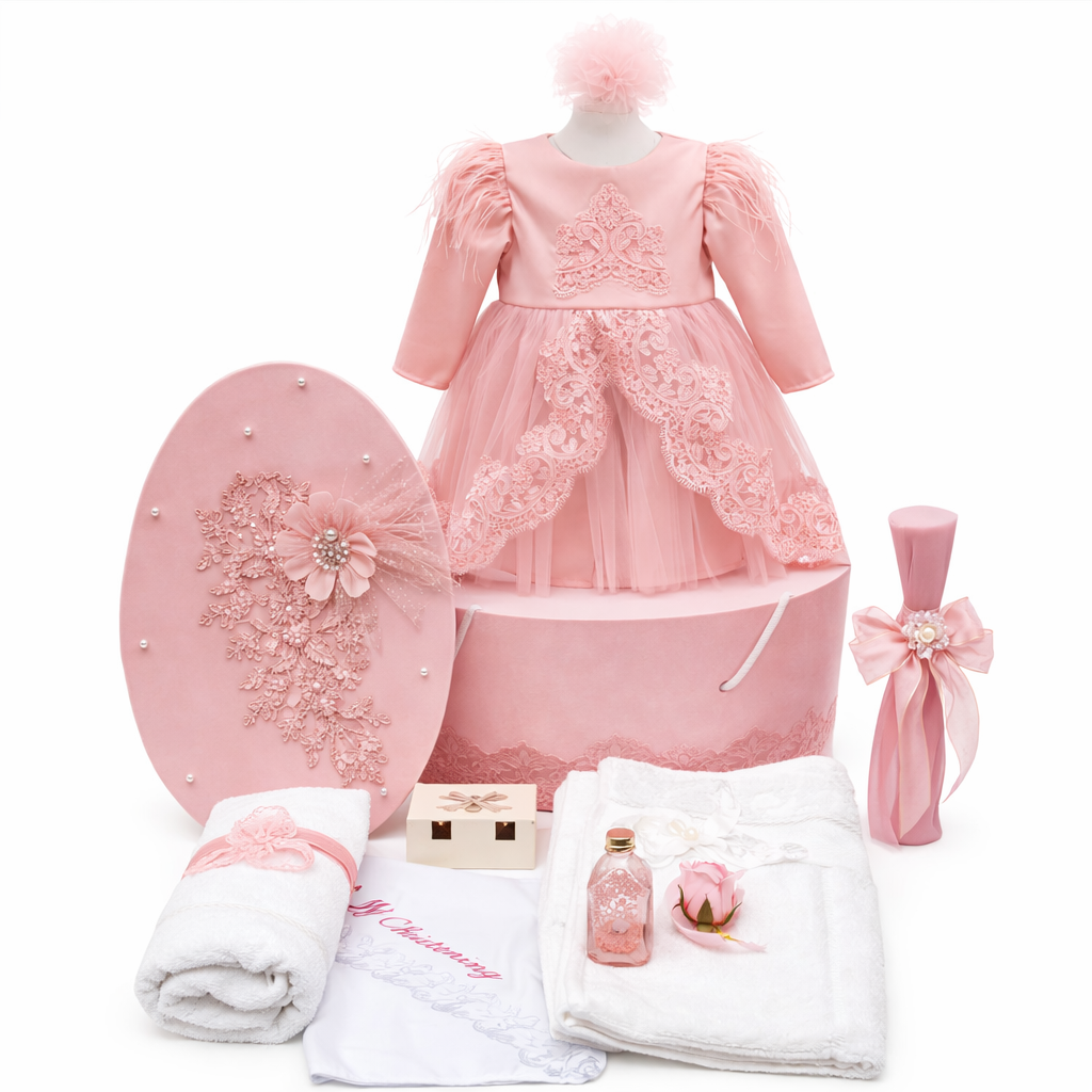 Set botez fetita cu flori si dantela