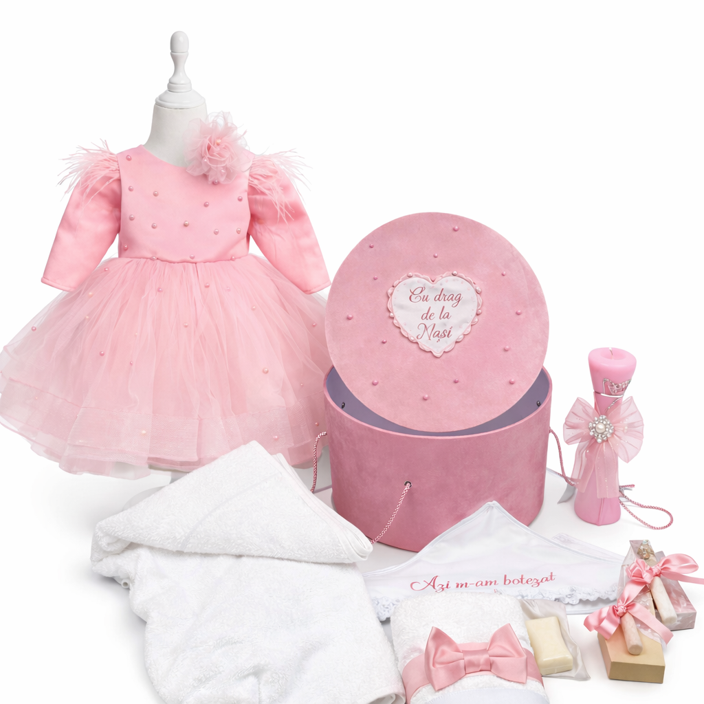 Set botez fetita roz cu perle